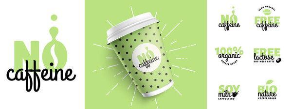Set of coffee organic trend logotypes design vector illustration and mock up paper cup green color. Your brand of cafe template with sign typography elements. 3D realistic cup vector illustration eps 10.