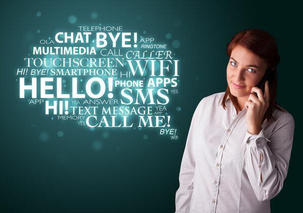 Young girl calling by phone with word cloud