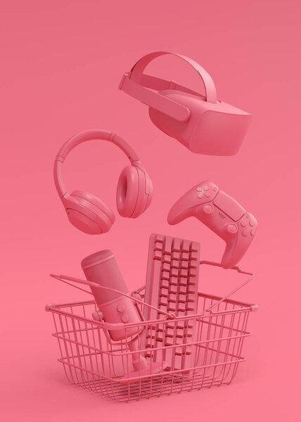 Flying gamer gears like mouse, keyboard, joystick, headset, VR Headset in metal wire basket on monochrome background. 3d render concept of sale, shopping and delivery of accessories for live streaming