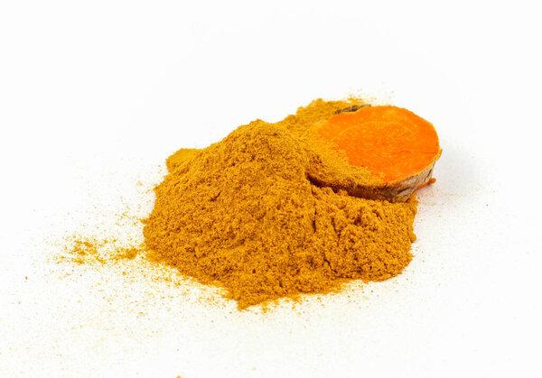 Turmeric and turmeric powder on white background
