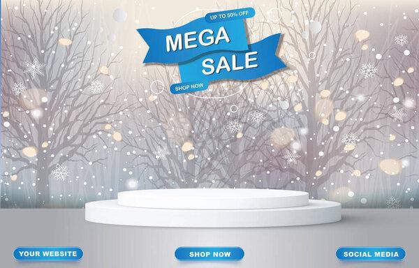 winter mega sale with blank space podium for product sale with blue and white background design