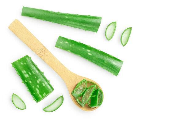 Aloe vera sliced in spoon isolated on white background with clipping path and full depth of field. Top view. Flat lay with copy space for your text