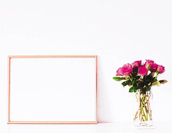 Rose gold frame on white furniture, luxury home decor and design for mockup, poster print and printable art, online shop showcase