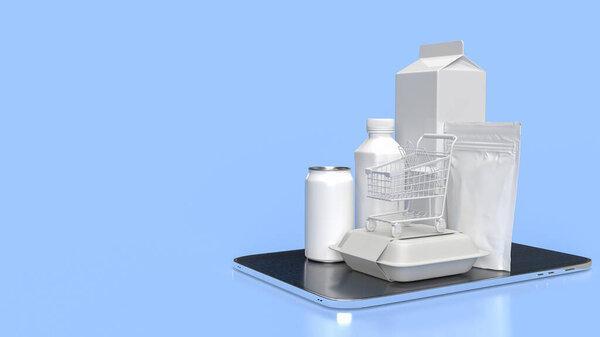 网上营销概念3D渲染用平板电脑上的食品和购物车.