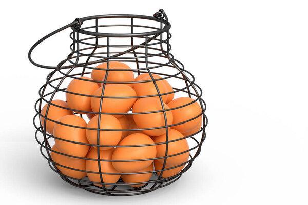 Farm raw organic brown eggs in basket or paper cardboard on white background. 3d render of fresh chicken eggs for omelet or scrambled fried egg for morning breakfast