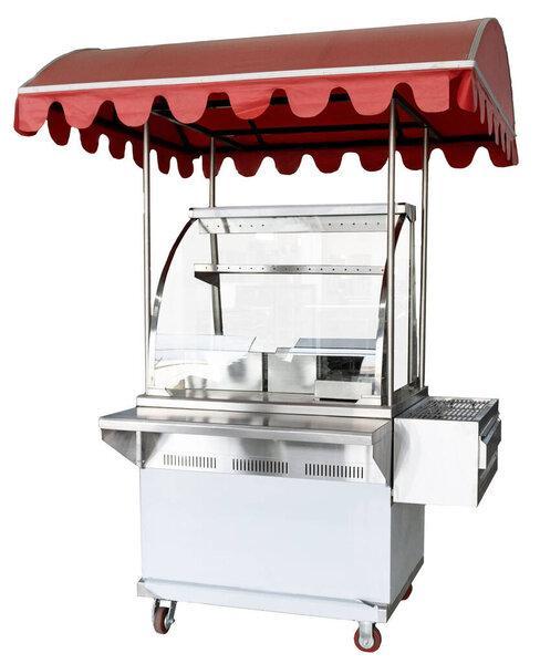 A food kiosk with red cloth covering isolated on a white background