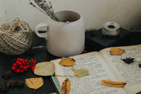 autumn composition on a dark background, cozy atmosphere, tea, books, foliage
