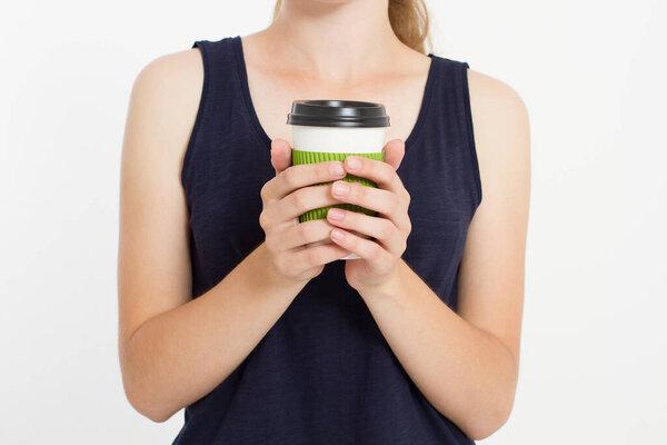 Girl with coffee. Morning drink.Top view. Mock up. Copy space. Template. Blank.