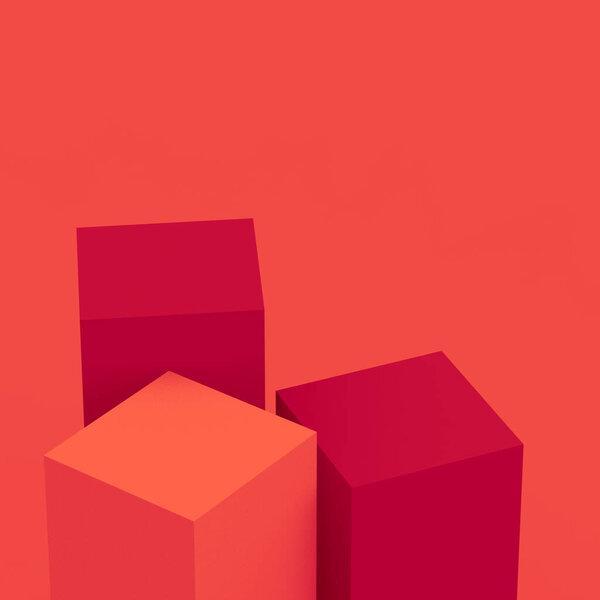 3d red cubes square podium minimal studio background. Abstract 3d geometric shape object illustration render. Display for chinese new year holiday and merry christmas product.