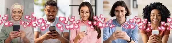 五个不同的人，一个穆斯林女人，一个黑人男人，一个戴眼镜的女人，一个年轻男人和一个黑人女人，看着他们的智能手机，都面带微笑。电话周围都是红心的图标