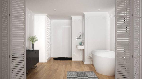 White folding door opening on minimalist luxury bathroom with bathtub, sink, carpet and mirror, white interior design, architect designer concept, blur background