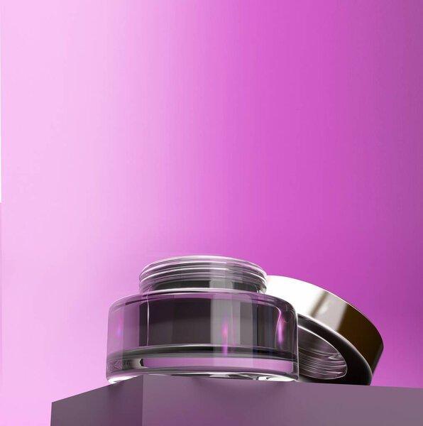 Cosmetic package.3d rendering background for beauty advertisements. Mock up of Glass Cream jar with metallic cap. 3d in trendy very Peri fashion color.Advertising cream for the face. Blank beauty make