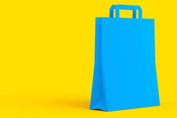 Folded kraft paper bag with handle isolated on yellow background. 3d render concept of online shopping and gift boxing