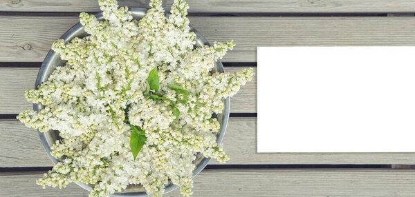 White lilac bowl on a light wooden backdrop with white business paper card