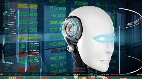 XAI 3D演示了期货机器人，用于证券交易的人工智能CGI 。机器人人3D渲染动画。3D插图.
