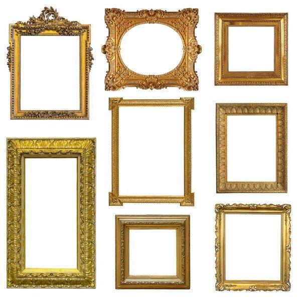 Set of golden frames for paintings, mirrors or photo isolated on white background