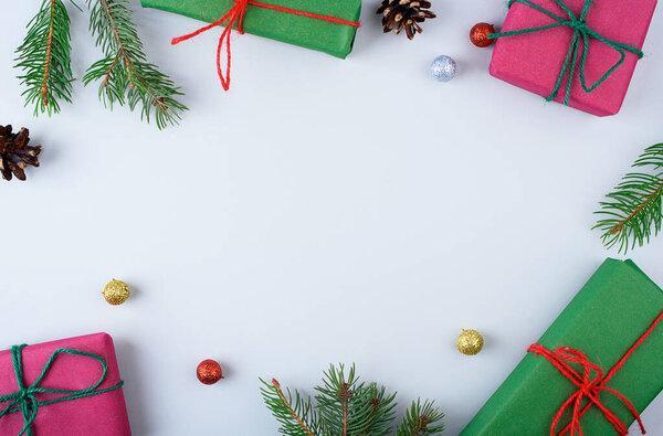 Christmas gift boxes collection with pine tree for mock up template design. View from above. Flat lay. New years content