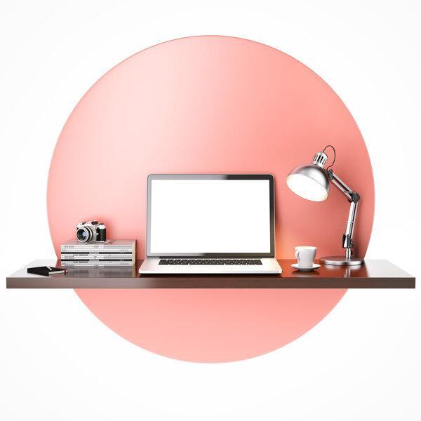 Workplace with laptop on shelf in red circle