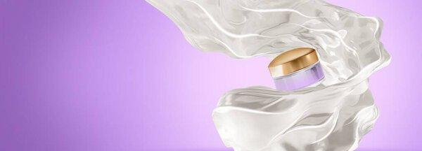 Gold cream jar with white milk splashes around package.3D illustration mock up.Gradient background.