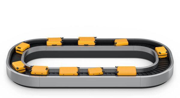 Airport luggage conveyor belt or baggage claim area with suitcases on white background. 3d render of travel vacation concept.