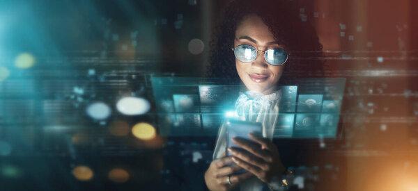 Futuristic, AI and business woman, smartphone and connectivity, cyber data overlay and technology innovation. Digital transformation, mockup space and tech analytics, dashboard and internet hologram.