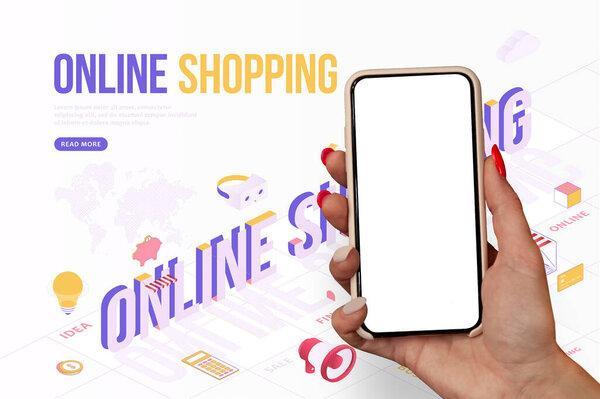 Online shopping concept. A girl with beautiful nails holds a smartphone mockup in her hand against the background of design work