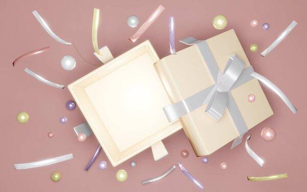 3D Rendering concept of top view of an opened gift box showing empty space inside with confetti and geometric elements on ground for commercial design. 3D Render.