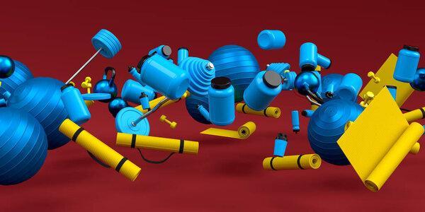 Flying and folling sport equipment like sport shaker, water bottles, kettlebell, fitness ball and yoga maton red background. 3d render of power lifting, fitness and gym concept
