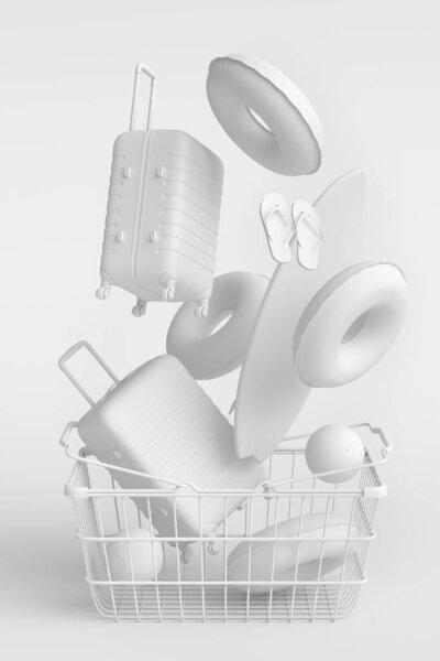 Colorful luggage with beach accessories and shopping basket flying on monochrome background. 3D render of summer vacation concept and holidays