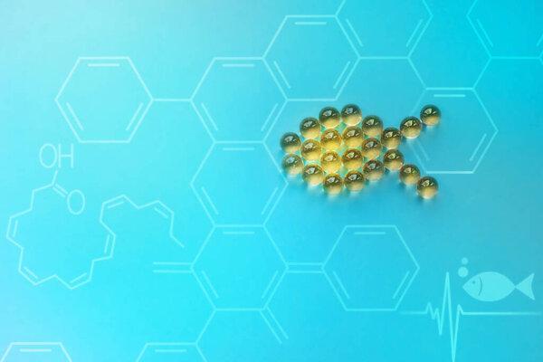 cod liver oil capsules on molecular grid background with place for text
