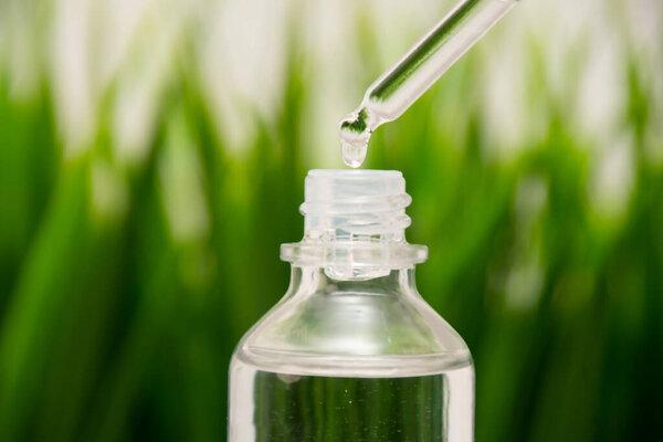 Close up skin care that is useful for moisturizing and brightening facial skin on blur green grass background, soft focus texture. Natural moisturizing essence bottle with pipette and air bobbles