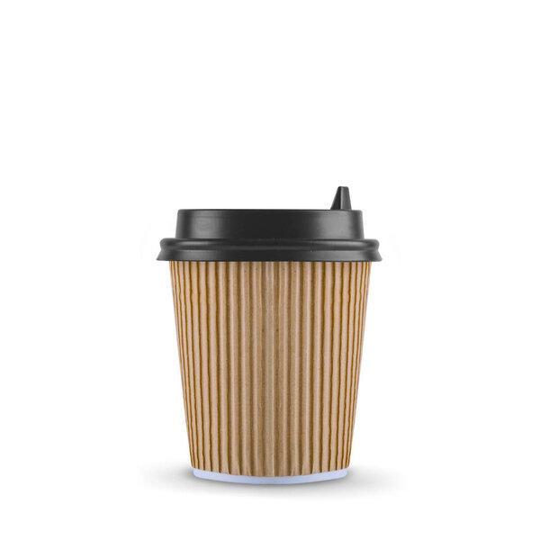 Kraft paper cup of coffee with a black lid on a white background