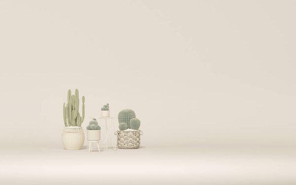 Mockup scene for fashion, showcase, garden studio. Many cactus pot in beige and white color. Creative composition. 3d render