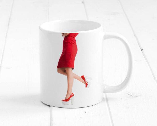 Ceramic cup standing on white boards