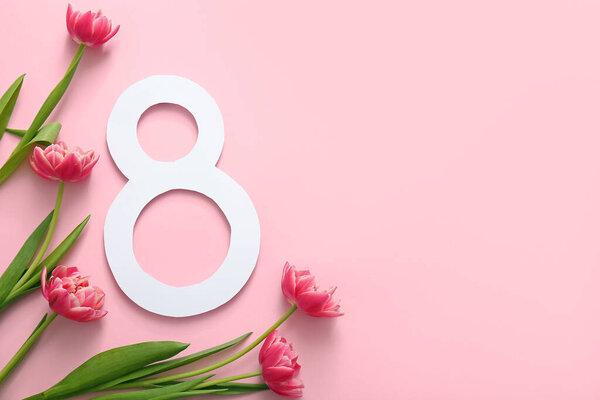 图8是用纸和粉色背景的美丽郁金香花制成的。二.国际妇女节庆祝活动
