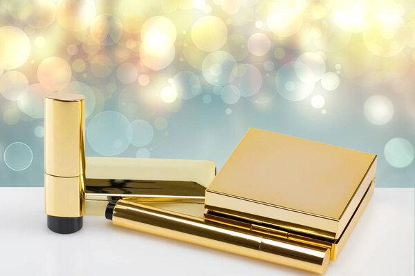 Cosmetic branding, blank label, sale and gold luxury beauty style. Decorative composition of various beauty and makeup products. Space. Happy Valentines or Mothers Day template.