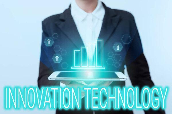 Writing displaying text Innovation Technology. Business showcase New Idea or Method of Technical or Scientific nature Woman In Suit Standing Using Device Showing New Futuristic Virtual Tech.