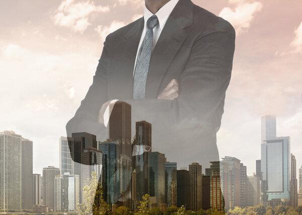 City Skyline Businessman Double Exposure