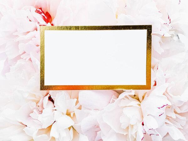 Glamorous business card or invitation mockup and bouquet of peony flowers, wedding and event branding