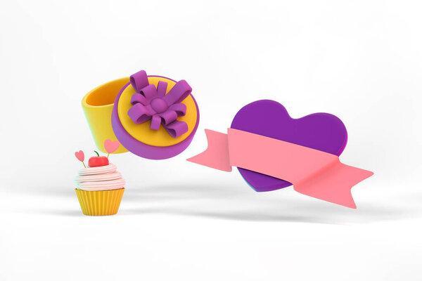 Cupcake with Gift Box and Heart Frame Right Side In White Background