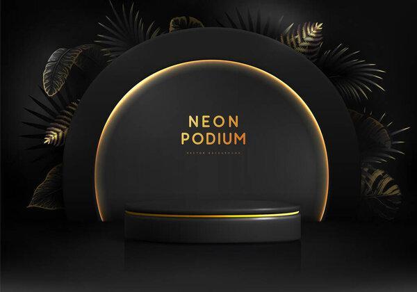 Fluorescent black neon showcase background with 3d podium and tropic leaves.  Summer nature concept. Vector illustration