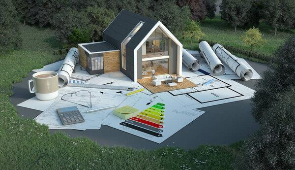 3D rendering  of a house with blueprints, energy charts and other documents in a field