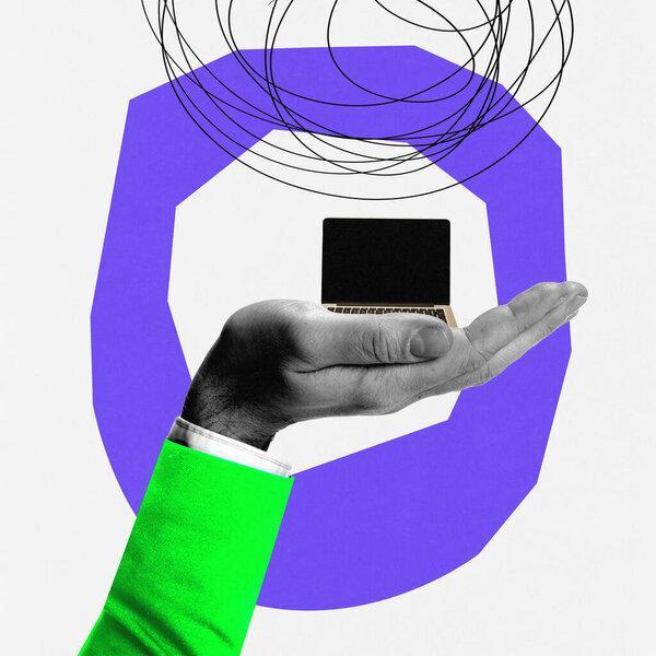 Huge black and white hand and holding open laptop with blank screen. Copyspace for your ad. Concept of business, network, education and ad.