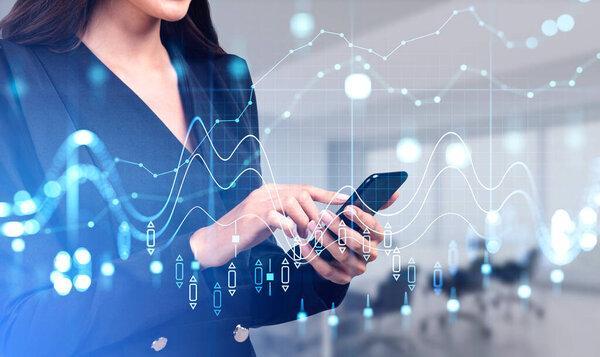 Businesswoman finger touch phone. Digital screen hud with chart, lines and rising candlesticks. Blurred office room in company. Concept of forex and financial analysis