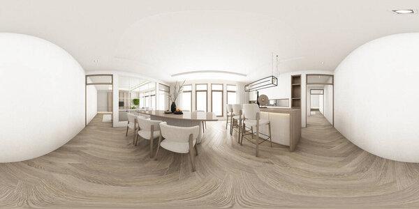 Interior design in minimalist style in the dining room area. using wood material and light gray cloth on parquet floor and sub frame wood walkways in an apartment with large windows 3d render 360 view