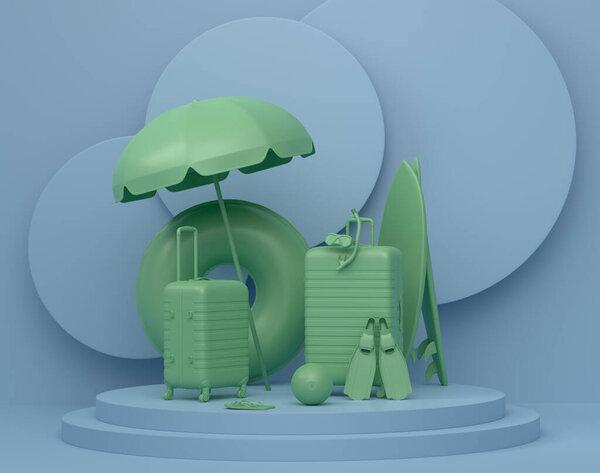 Beach surf, chair, umbrellas and lugagge on podium or pedestal on monochrome background. 3d render of display product like summer accessories and vacation concept