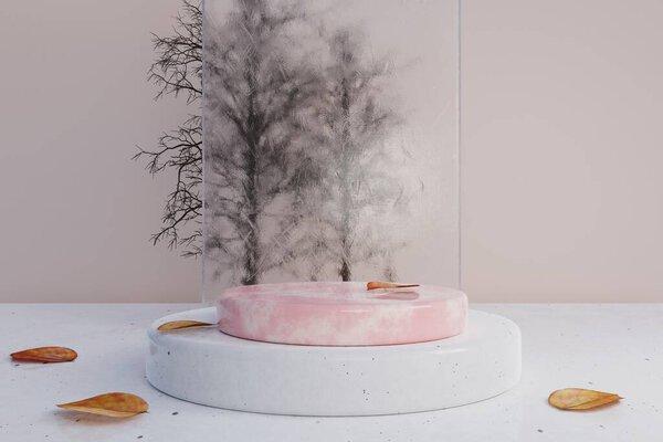Natural stone and concrete podium in Natural background for Empty show for packaging product presentation. Background for products, the scene with green leaves. Mock up the pedestal. 3D rendering.