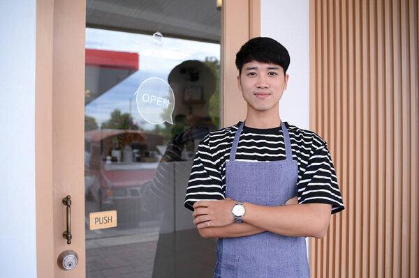 Baristas welcome customers in front of coffee shops, small businesses, coffee shop owners startups.