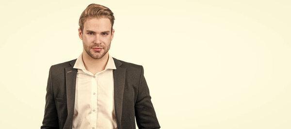 Man face portrait, banner with copy space. Business man in suit, isolated studio background. Responsible entrepreneur. Serious businessman isolated on white