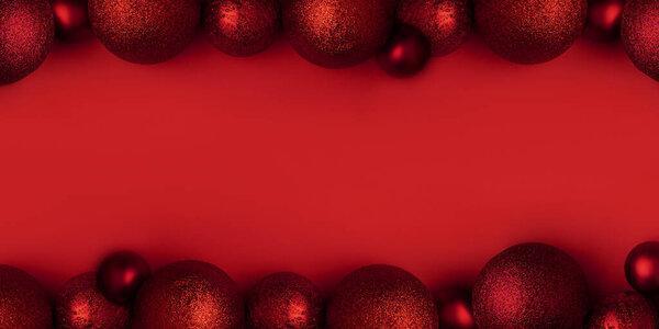Christmas composition of red ornaments baubles ball. Christmas decorations on red background. Flat lay, top view, copy space